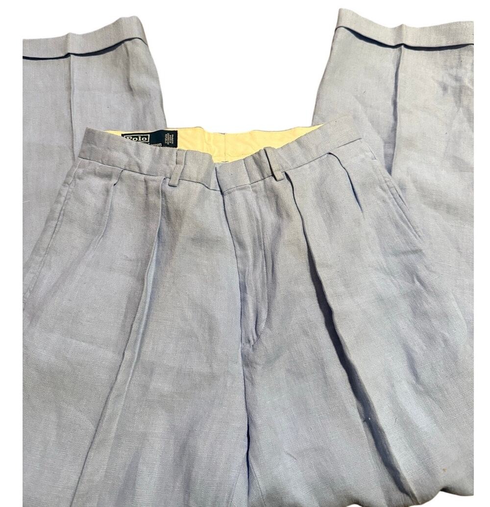 Polo Ralph Lauren Blue Cotton Linen Pleated Cuffed Pants, Men's 30x29